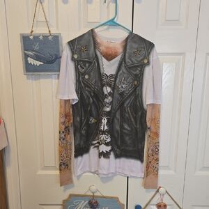 Graphic Long Sleeve Tee with Faux Vest Design
